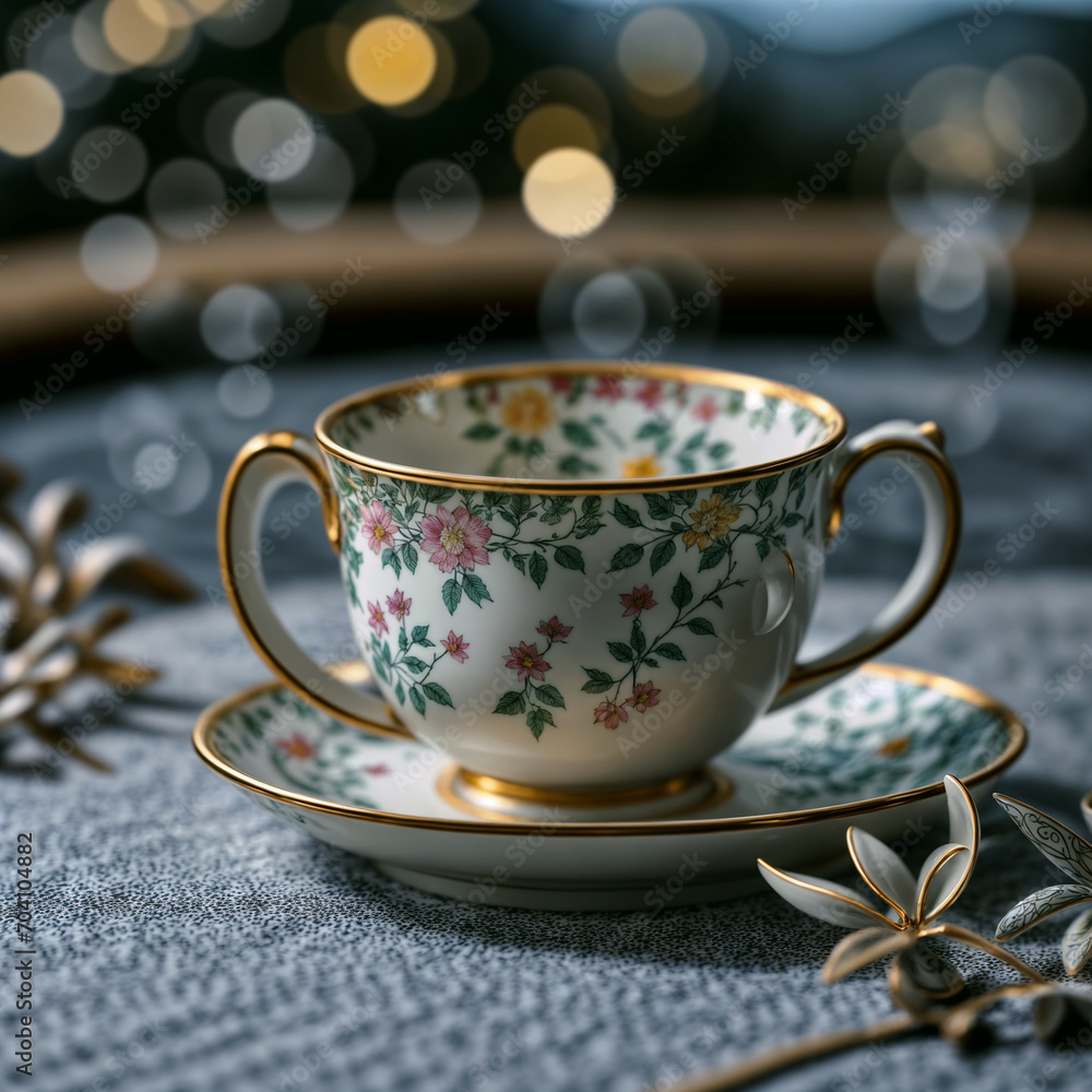 Fototapeta premium A beautifully drawn Tea Cup with intricate designs representing wellness and vitality, setting against a backdrop of a serene calming nature scene--generated by ai