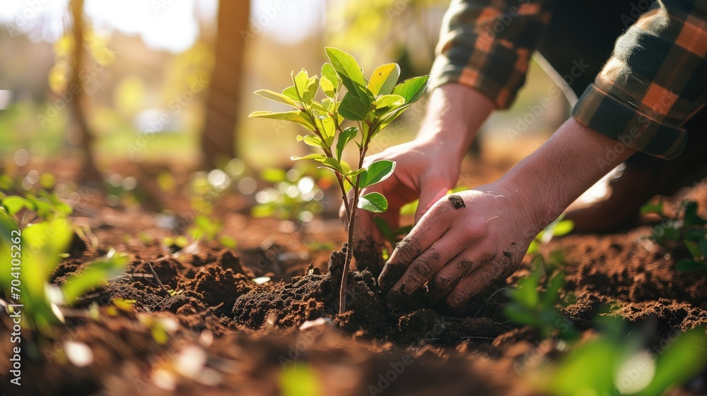 Hands planting a young tree in soil