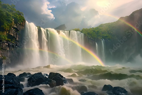 rainbow over waterfall photo