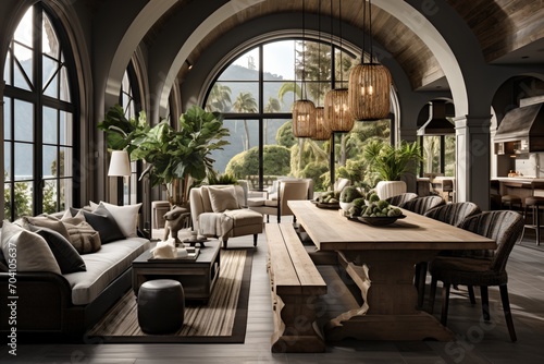 Modern rustic living room and dining room with vaulted ceilings and large windows