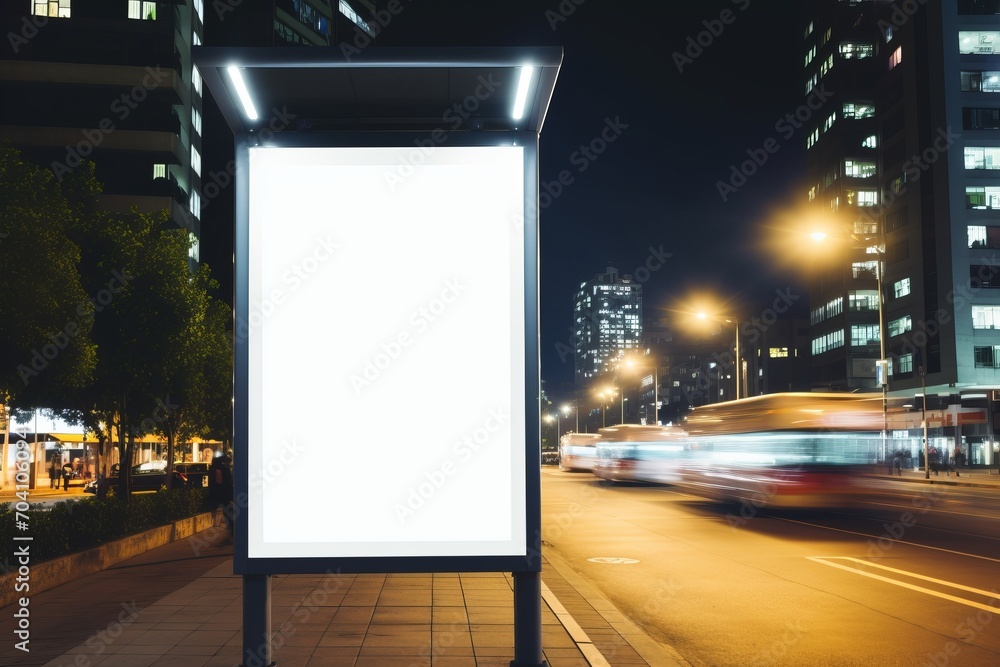 Blank white vertical digital billboard poster on city street bus stop sign at nigh