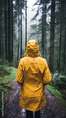 Woman in yellow rain coat, walking down a tranquil path in a the wood.