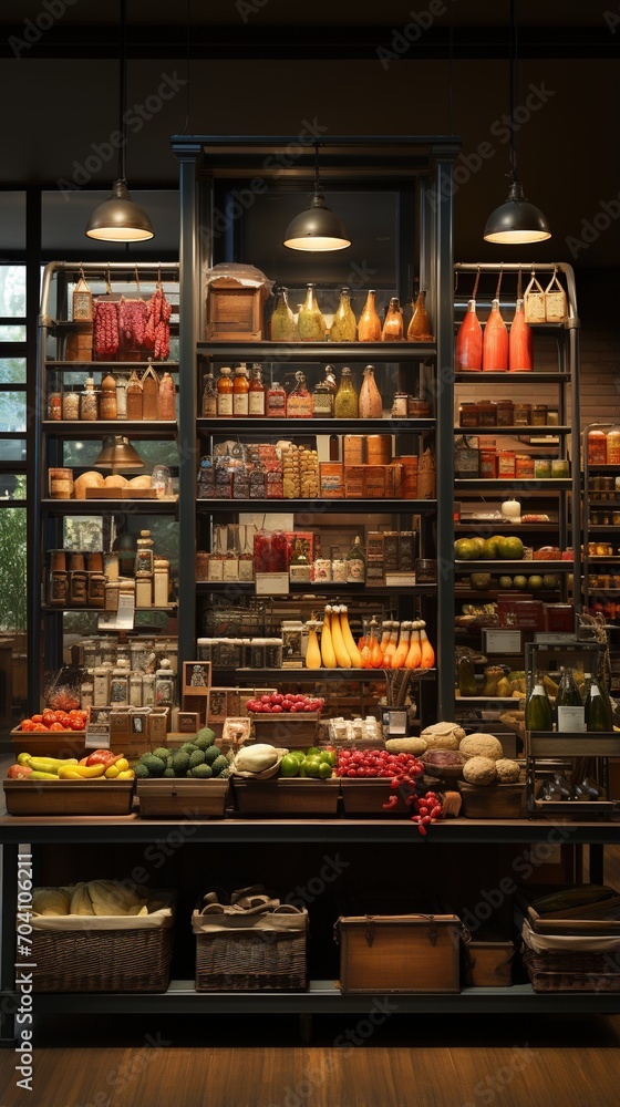 Rustic Grocery Store with Shelves of Goods
