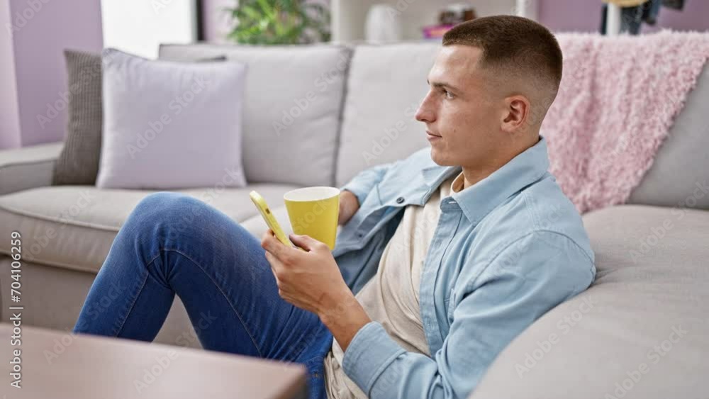 A handsome young man lounges on a sofa at home, using his smartphone in a casual, comfortable indoor setting. A handsome young man lounges on a sofa at home, using his smartphone in a casual, comfortable indoor setting.
