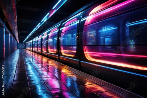 Neon-Adorned Subway Train Whisking Through the Night Generative AI
