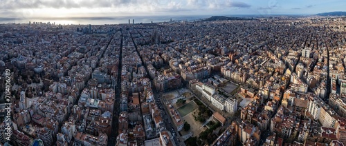 Aerial around the city Barcelona on a sunny day in early spring
