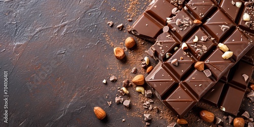 hazelnut dark chocolate chunks on brown background with copyspace, milk chocolate bar pieces with scattered nuts on brown chocolate background, copy space.