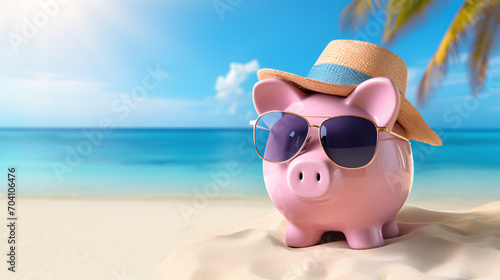 pink piggy bank with travel sunglasses on the beach - savings concept for relaxing on vacation © Jess rodriguez