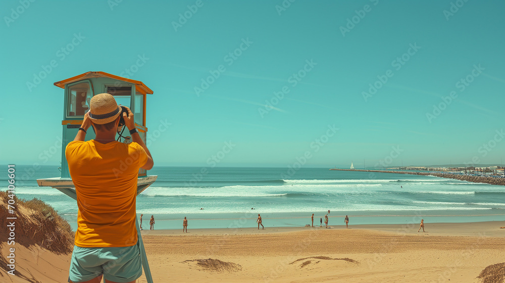 Photographie d'un maître-nageur sauveteur surveillant depuis la plage les baigneurs et vacanciers - obrazy, fototapety, plakaty 