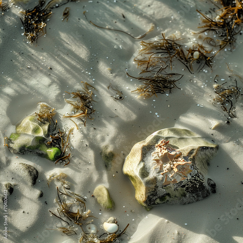 Gros plan d'un bord de plage sec avec cdu sable blanc autour des rochers, algues et coquillage amenés par la marée photo