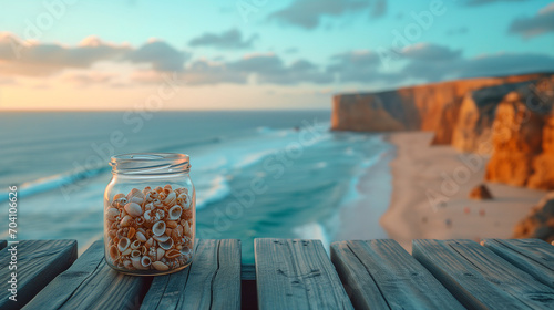 Bocal en verre rempli de petits coquillages divers sur une terrasse surplombant l'océan, vacances à la mer et coucher de soleil sur la plage photo