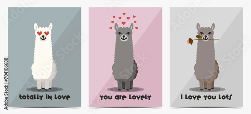 Set of cute Valentine's Day greeting cards, posters, templates, labels with funny llamas