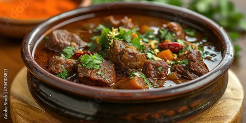Nihari Culinary Classic, A Visual Symphony of Slow-Cooked Beef Stew - Marinated in Rich Spices - Capturing Flavorful Bliss in Every Bowl - Homely Comfort - Warm, Ambient Lighting Creating a Culinary