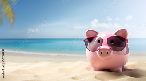 pink piggy bank with travel sunglasses on the beach - savings concept for relaxing on vacation © Jess rodriguez