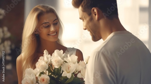 Man giving a bouquet of flowers to a woman. Concept of love, affection, and intimate moments. Ideal for relationship, dating themes and Valentines celebrations, birthday gift.