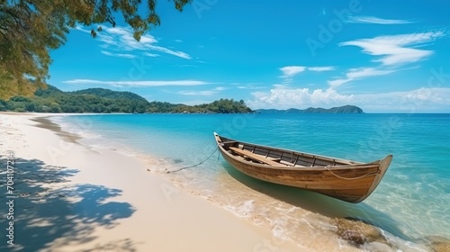 Wooden boat on a tropical beach with white sand and clear blue ocean water