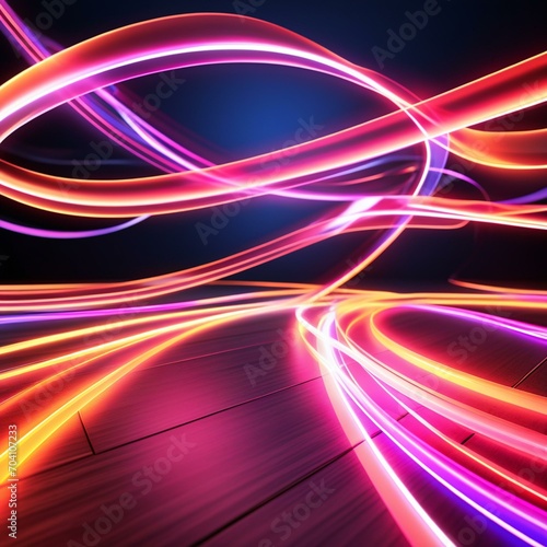 Vibrant neon abstract background with glowing fluorescent lines in a dark room, reflecting on the floor. Dynamic curvy ribbon, panoramic wallpaper, and digital energy transfer concept.