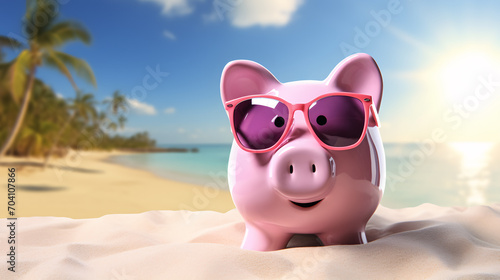 Pink piggy bank with sunglasses on the beach – a savings idea for a vacation escape © Jess rodriguez