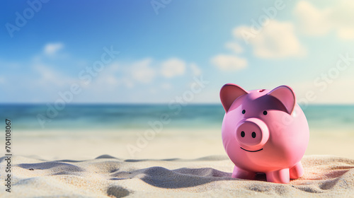 pink piggy bank on the beach sand - savings concept to enjoy the holidays