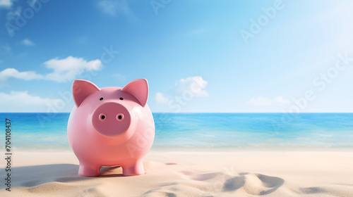 pink piggy bank on the beach sand - savings concept to enjoy the holidays photo