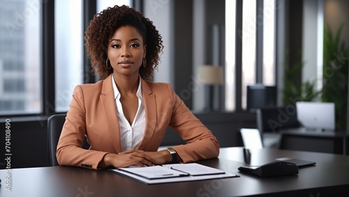 African American woman in business suit sitting at office. Confident and sucessful businesswoman photo