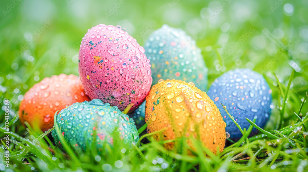 Garden with Easter eggs painted in vibrant colors, Easter celebration, Culture and Religion, generative ai