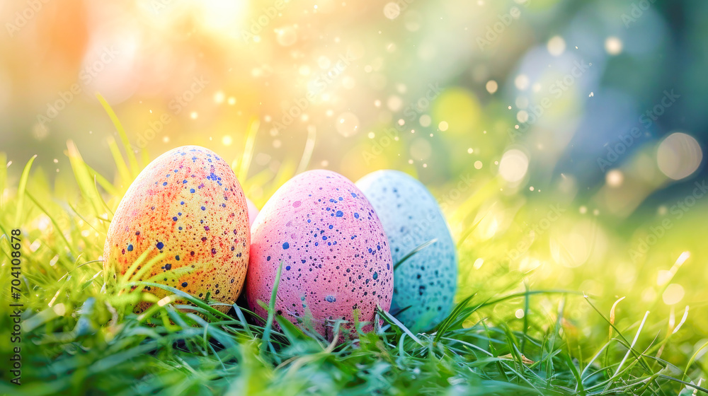 Abstract composition of painted eggs in vibrant tones in the garden, Easter celebration, Culture and Religion, generative ai