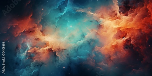 Blue and orange space nebula with bright stars photo