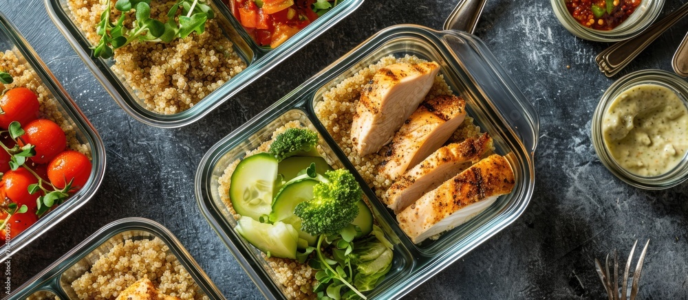Top-down shot of healthy meal prep containers showcasing quinoa, chicken breast, and green salad. Top-down shot of healthy meal prep containers showcasing quinoa, chicken breast, and green salad.