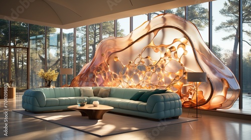 Futuristic living room interior with large curved glass window