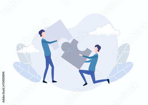 Business teamwork, with the concept of business partners working together to piece together the puzzle of success. Flat vector modern illustration.