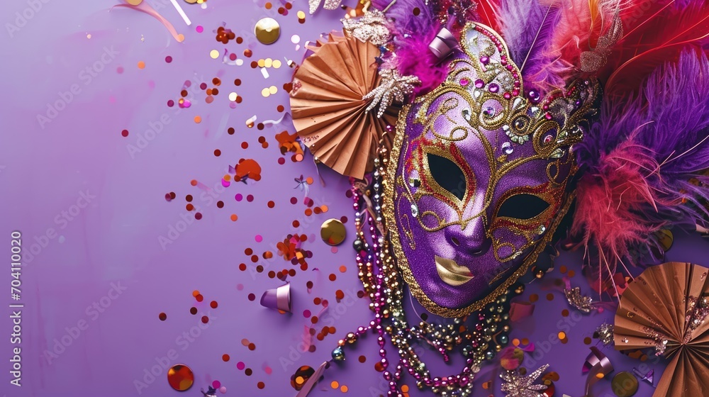 Mardi gras holiday festival. Purple background and mask and confetti tinsel. Mardi gras New Orleans