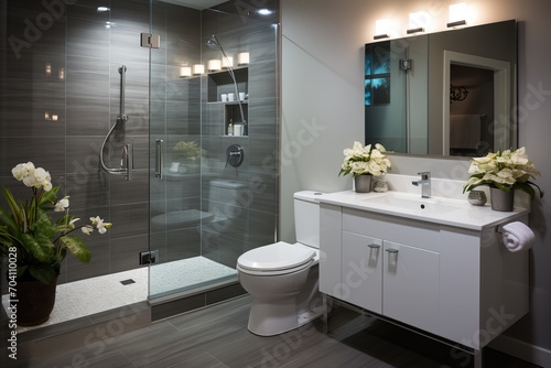 Small bathroom interior with dark grey tiles and white vanity photo