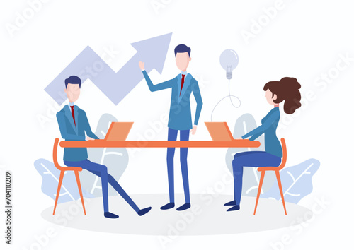 A group of characters brainstorming ideas, preparing for a business project kickoff, aiming for a successful career rise. Flat vector modern illustration.