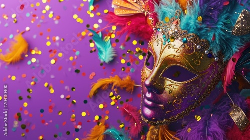 Mardi gras holiday festival. Purple background and mask and confetti tinsel. Mardi gras New Orleans