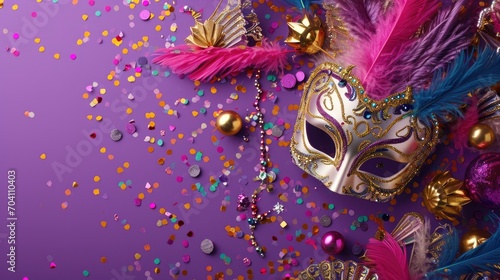 Mardi gras holiday festival. Purple background and mask and confetti tinsel. Mardi gras New Orleans © megavectors