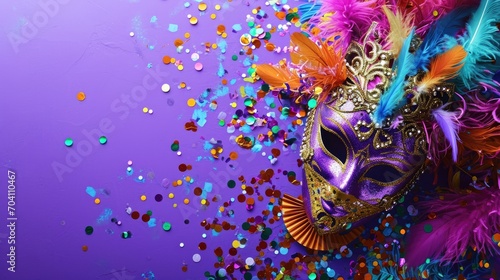 Mardi gras holiday festival. Purple background and mask and confetti tinsel. Mardi gras New Orleans © megavectors