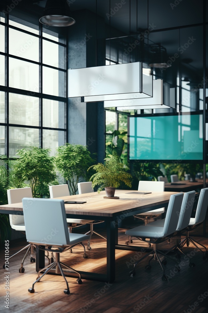 Modern office interior with large windows and plants