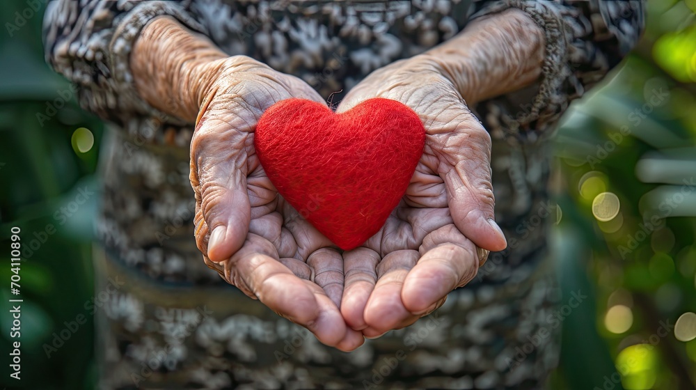Elderly senior person or grandparent's hands with red heart in support of nursing family caregiver for national hospice palliative care and family caregivers month concept Elderly senior person or grandparent's hands with red heart in support of nursing family caregiver for national hospice palliative care and family caregivers month concept