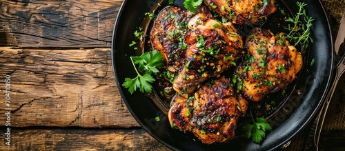 Close-up flatlay view from above of jerk chicken served on a black plate on a rustic wooden table, with copy space.