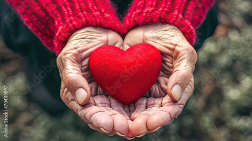 Elderly senior person or grandparent's hands with red heart in support of nursing family caregiver for national hospice palliative care and family caregivers month concept photo