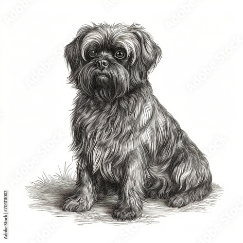 Belgian griffon dog engrawing, engraving style, close-up portrait, black and white drawing, cute dog, favorite pet photo