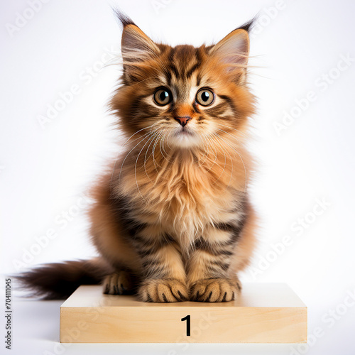 Number 1 and a cute little fluffy kitten close-up on white. Greeting card, anniversary background, holiday wallpaper