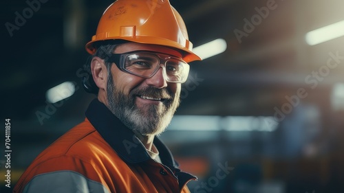 Close-up Happy Professional Heavy Industry Engineer Worker Wearing Uniform, Glasses and Hard Hat in a Steel Factory