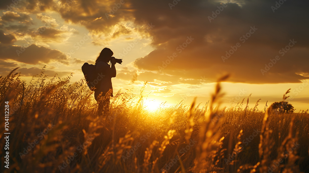 Fototapeta premium Fotografo registrando um final de tarde no campo, IA Generativa