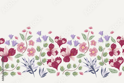 Pink Floral pattern  seamless background frame border .Pastel pink blue flowers Ikat design paisley embroidery with floral motifs. Ethnic pattern oriental traditional. Spring summer flower vector .