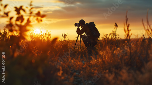 Um fotógrafo registrando um pôr do sol na mata, IA Generativa photo