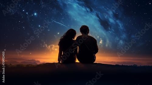 Couple holds hands, gazing at the starry night, immersed in a romantic atmosphere filled with love and enchantment.