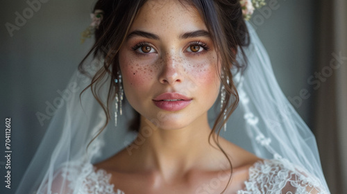 Portrait of a bride on her wedding day. Natural makeup with diamond earrings