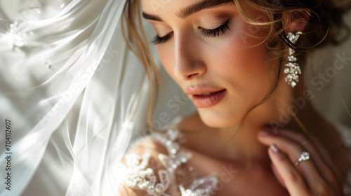 Fototapeta samoprzylepna Portrait of a bride on her wedding day. Natural makeup with diamond earrings